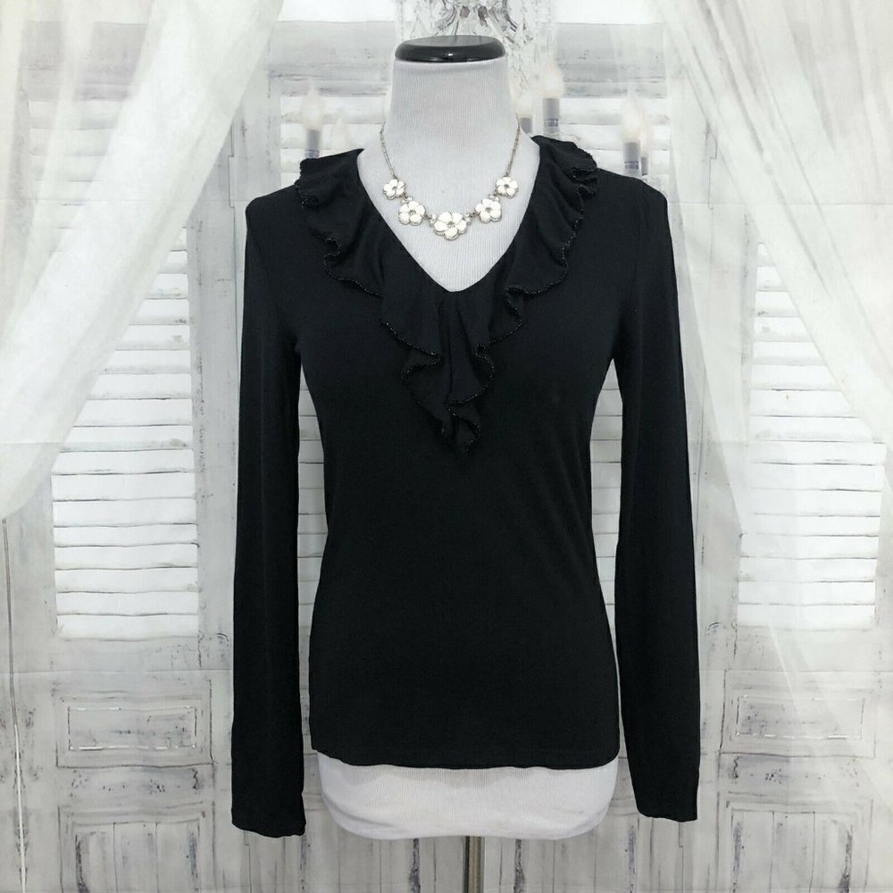Lauren Ralph Lauren Small Solid Black Beaded Ruffle V Neck Shirt Top Long Sleeve